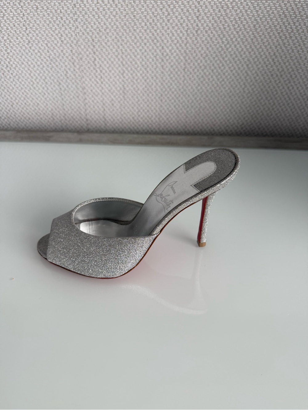 Christian Louboutin Silver Glitter Peep-Toe Mules with Red Soles - Picture 9 of 11
